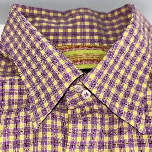 Bugatchi Uomo Long sleeve Purple Yellow Checked Button Up Bright Stripes Large - Picture 4 of 10